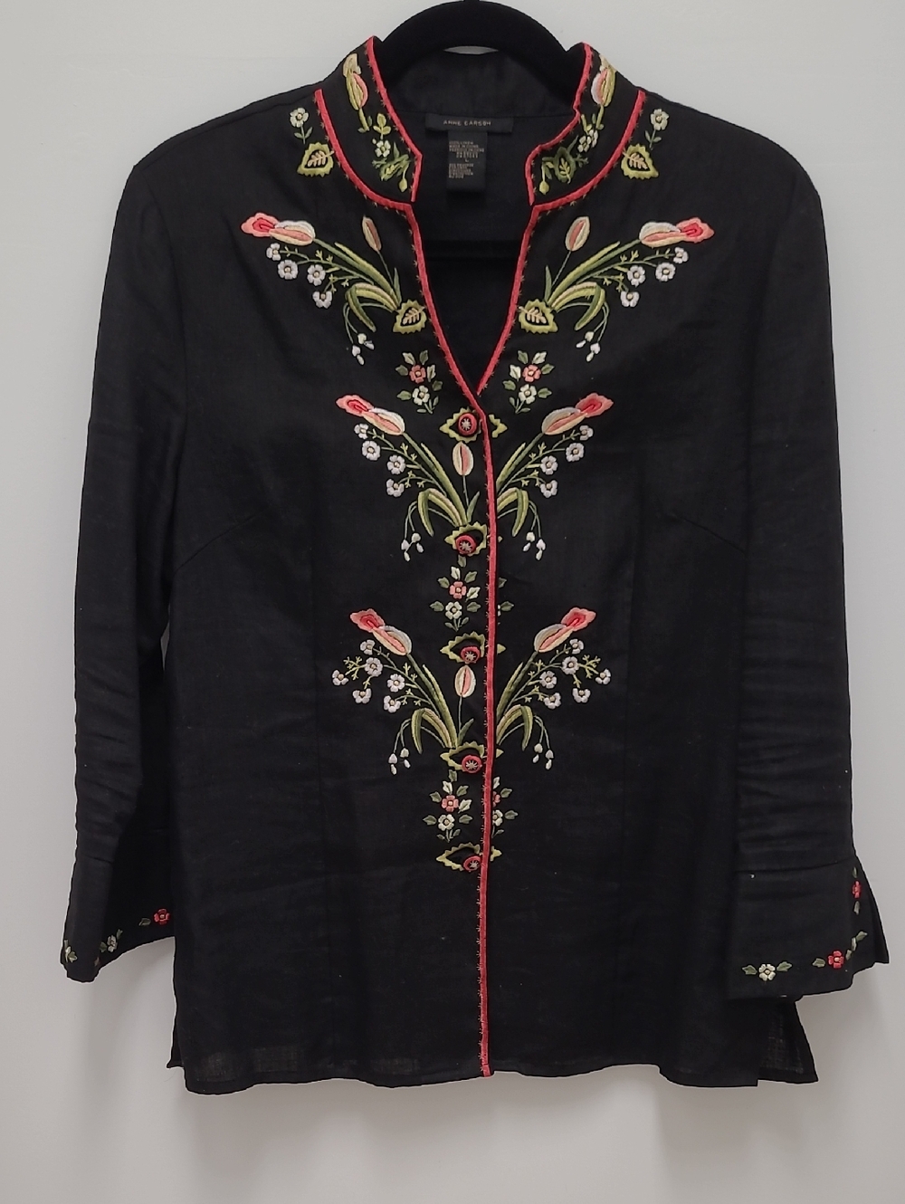Anne Carson Black Tunic with Pink & Green Floral Embroidery